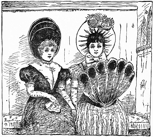 two young ladies in large hats, one with a large peacock fan
