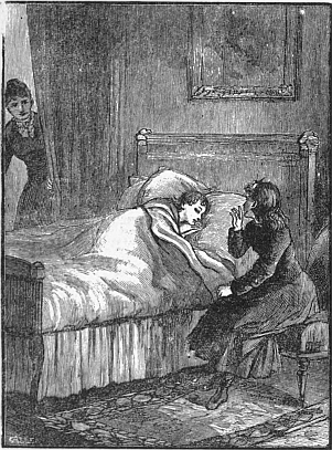 Girl sitting by boy who is in bed; another boy standing by other side of bed