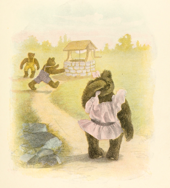 Jill holding head, bear running toward well another bear in background
