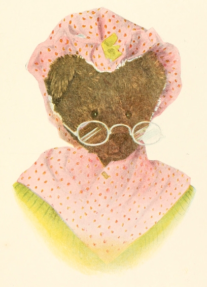 Mother Hubbard bear with cap, shawl and glasses