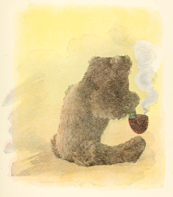 bear with back to us smoking pipe