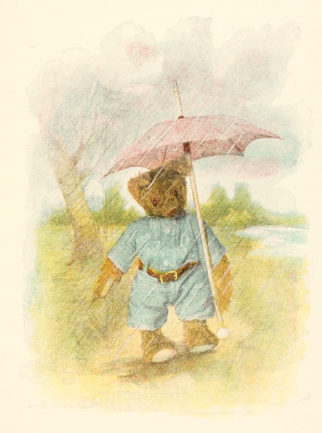 bear outside with pink umbrella