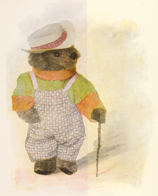 bear in overalls with hat and walking stick