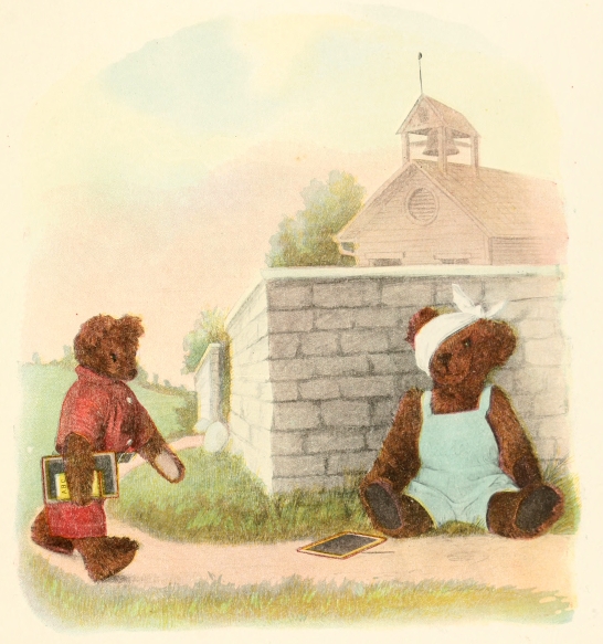 one wounded teddy bear sitting by brick wall,another bear holding book walking by