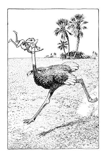 Pinocchio is carried by an ostrich