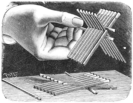 Vijftien lucifers met &eacute;&eacute;n enkelen op te nemen.