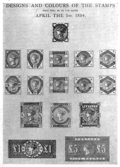 DESIGNS AND COLOURS OF THE STAMPS
THAT WILL BE IN USE AFTER
APRIL THE 1ST 1884.