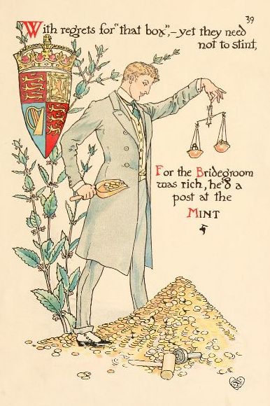 groom standing over pile of gold coins with a scoop in one hand and scales in the other