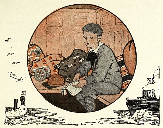 boy sitting on bench holding a book; background ships at sea