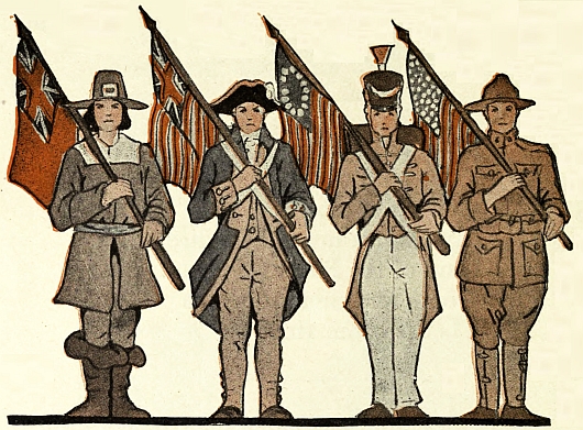 Soldiers through time holding different flags