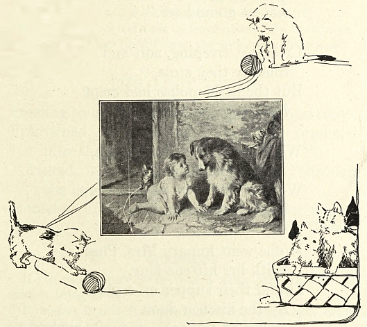 baby looking up at dog; kittens drawn around picture in center
