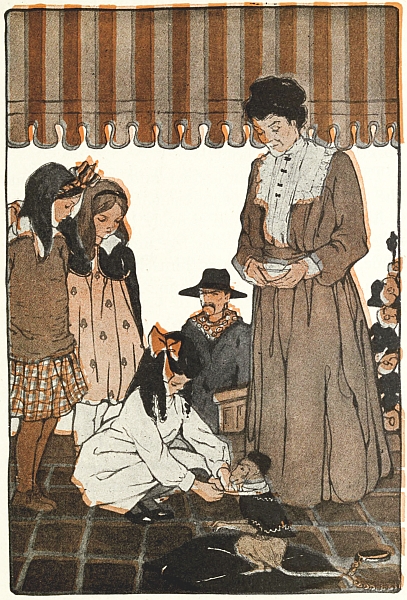 Woman, Jocko and children, organ grinder in background