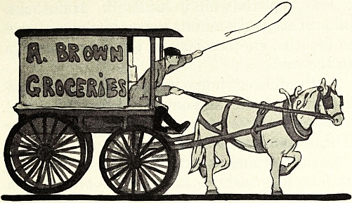 Horse pulling grocer's cart
