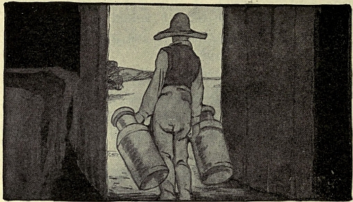 farmer with two milk cans standing in barn doorway