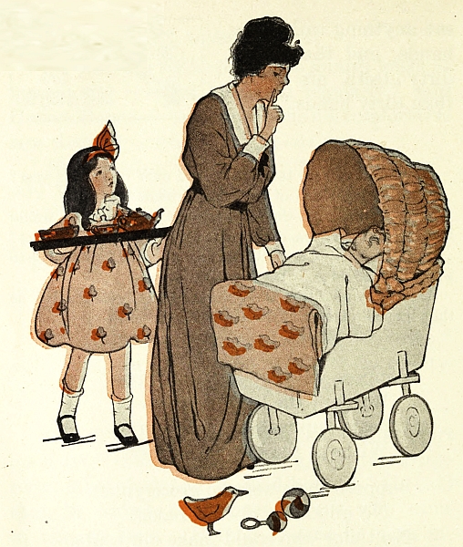 mother looking down at baby in pram; girl behind her