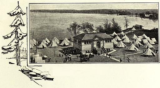 photo of tent village around a large buildin; tree drawn as decoritve border