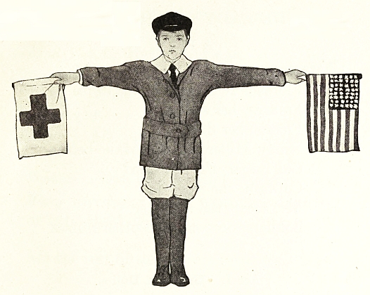 boy holding Red Cross Flag and US Flag