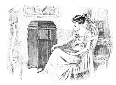 Seated woman listening to Victrola