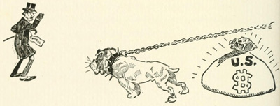 Barking dog on a chain standing between man and money bag