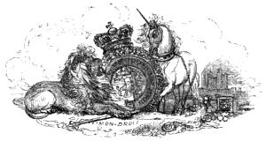 A lion and
a unicorn seem to be fighting over the royal crest; the White Tower of
the Tower of London in the background.