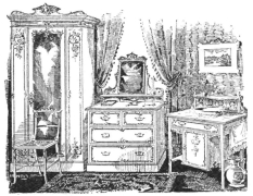 HEWETSONS’ ‘Princess May’ Bedroom Suite

Enamelled White Carton Pierre Mountings, Brass Handles, and
comprising:—Wardrobe (Glass Door), Dressing Chest with Glass,
Washstand (Marble Top, Tile Back, and Brass Towel Rail), and Two
Cane-seated Chairs.

£7, 15s. 0d. THE SET