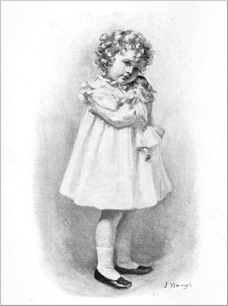 A solemn-faced little midget, about six years old, clasping a battered doll, stood before them.
