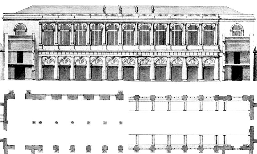 Elevation and floor plans for rectangular library building in classical style with many arched windows