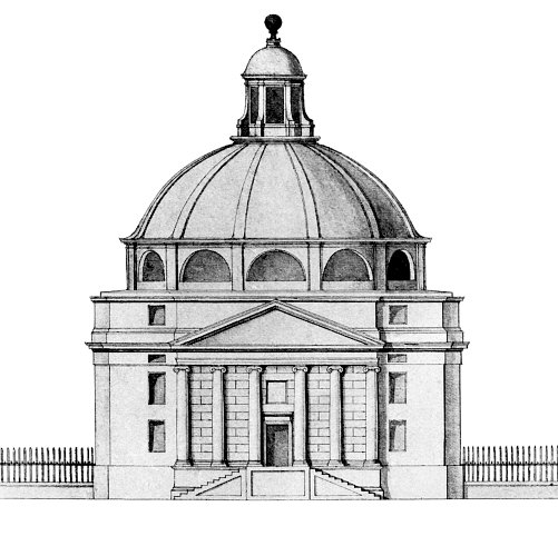 Elevation of circular classical building dominated by domed roof