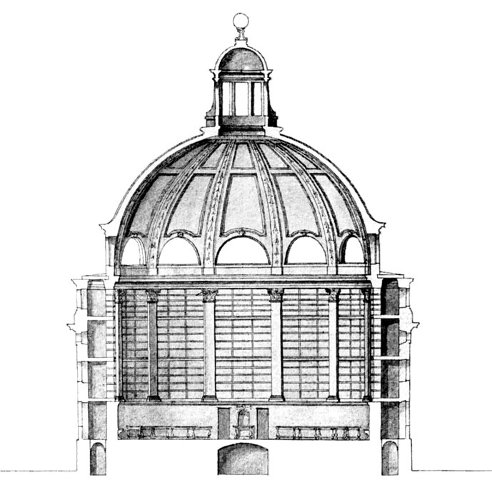 Cross-section through four-storey, domed circular library