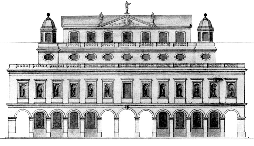 Elevation of elaborate four-storey classical building