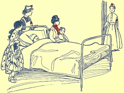 family gathered around bed; nurse in doorway