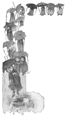 A procession of dolls with umbrellas