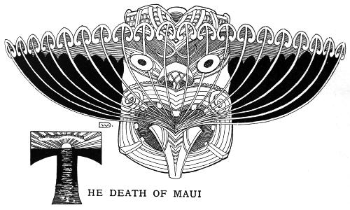 A mask; the words THE DEATH OF MAUI beneath
