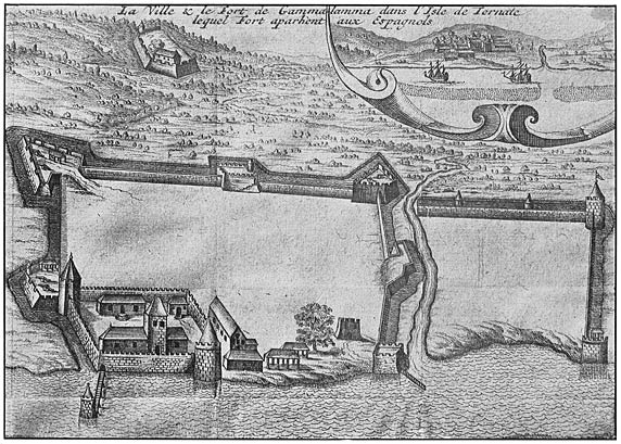 View of Spanish city and fort of Gammalamma, Terrenate; photographic facsimile from Recueil des voiages Comp. Indes orientales (Amsterdam, 1725)