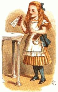 Alice with bottle labeled drink
