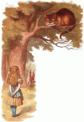 Cheshire cat in a tree, looking down at Alice