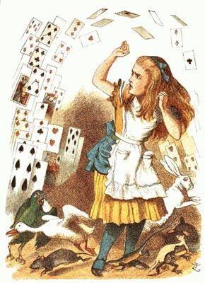 Alice shielding herself as cards fly over her head