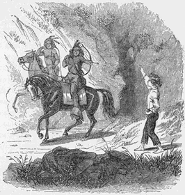 Lorenzo waving to two Indians on horseback with bows and arrows