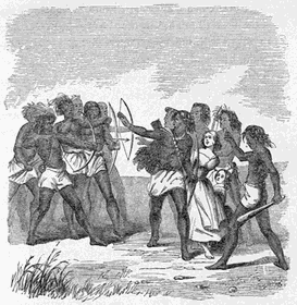 A few Indians aiming their arrows at Olive and Mary Ann while other Indians block them
