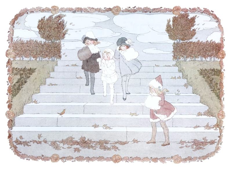 Warmly dressed children see robin on stairs.