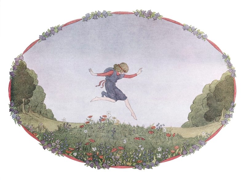 Girl jumps over flowers.