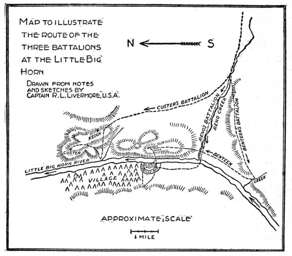 Map to illustrate the route of the three battalions at the Little Big Horn