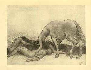 Mass of humans, apparently dead, being mourned by a centaur.