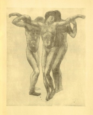 Two figures holding a third figure between them in crucified position.
