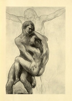 Man and woman embracing with a crucified figure behind them.