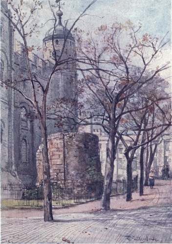 Image unavailable: PART OF A BASTION OF OLD LONDON WALL, WITH CLOCK TOWER OF
THE WHITE TOWER