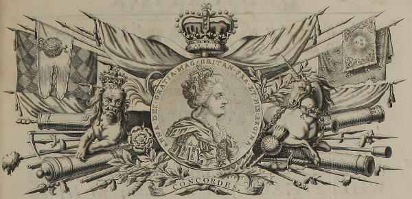 Decorative headpiece with engraving of Queen Anne and royal insignia