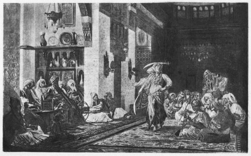 Sword Dance in a Café

Photogravure from the original painting by Jean Léon Gérôme, exhibited
in the Paris Salon, 1888

This fine picture is a thoroughly characteristic specimen of the work of
the most popular of modern French artists. Oriental subjects especially
attracted him, as he had an eye for striking figures and brilliant
colors. He died January 10, 1904.