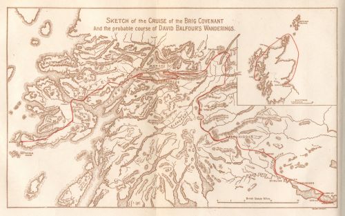 [Image
unavailable: Sketch of the Cruise of the Brig Covenant
and the probably course of Daid Balfour's Wanterings.]