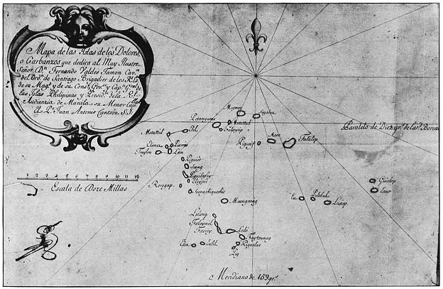 Map of the Dolores or Garbanzos Islands (the Carolinas), 1731; drawn by Juan Antonio Cantova, S.J.
